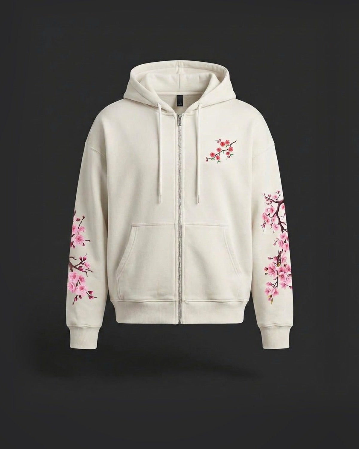 Hanami Zip Hoodie in Bone White, front view on a dark studio background