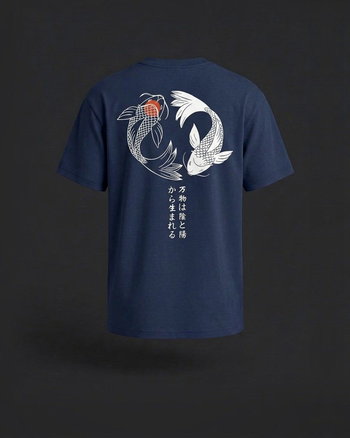 In-Yo Koi Tee in Indigo, back view on a dark studio background