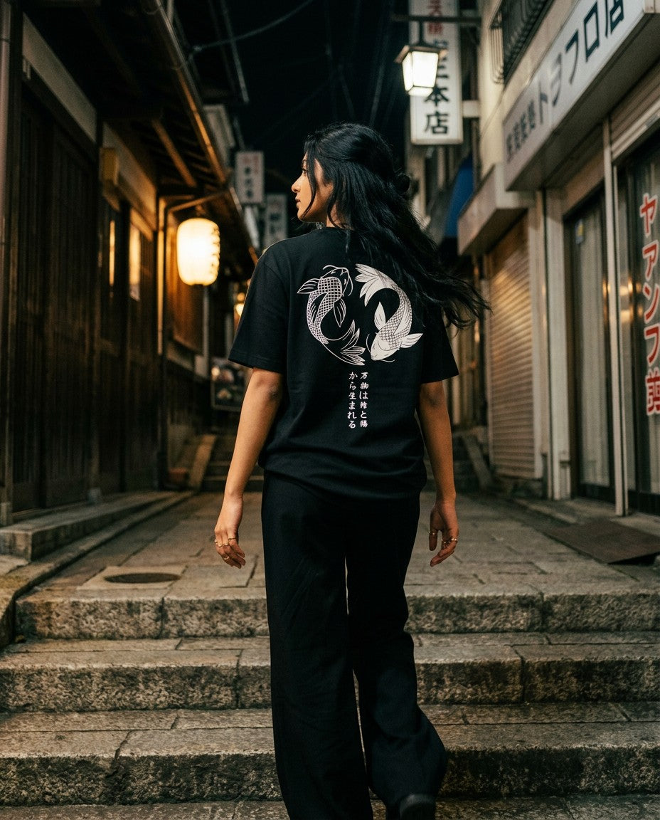Woman wearing the In-Yo Koi Tee, night street lifestyle photo