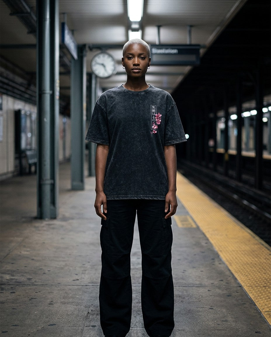 Woman wearing the Koi Tomoe Washed Tee, second lifestyle photo