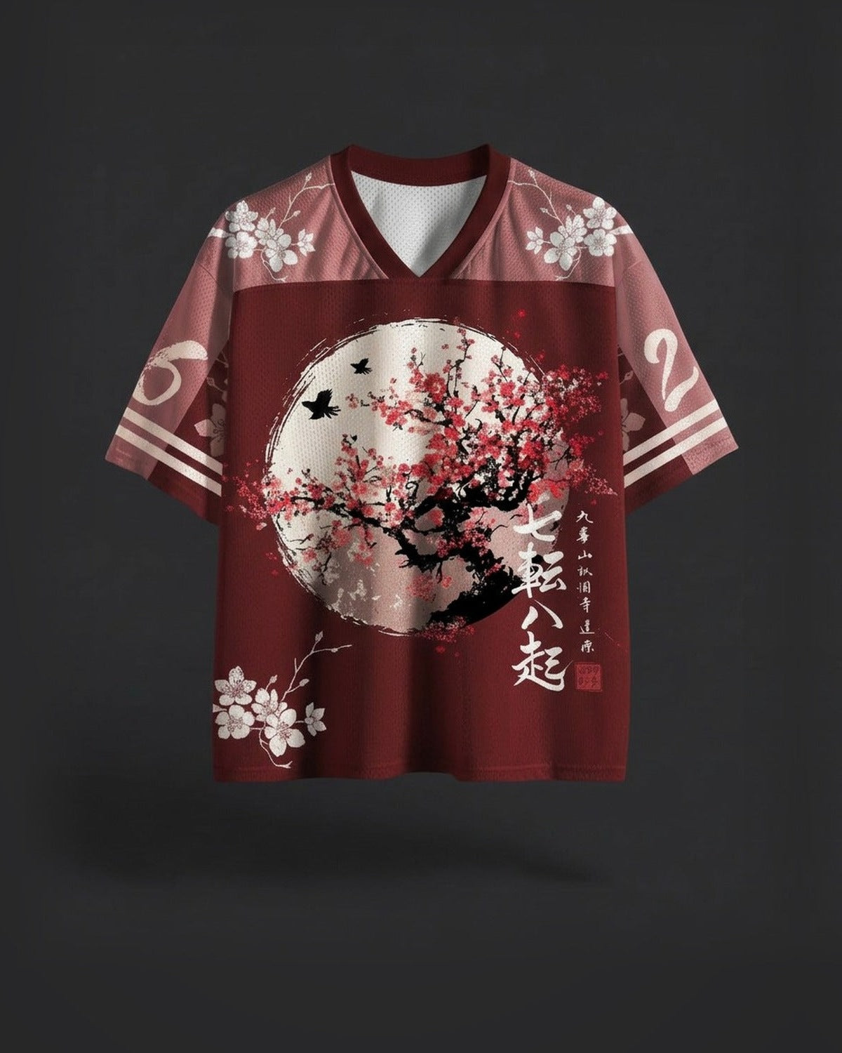 Ukiyo Jersey in Red Sakura, front view on a dark studio background