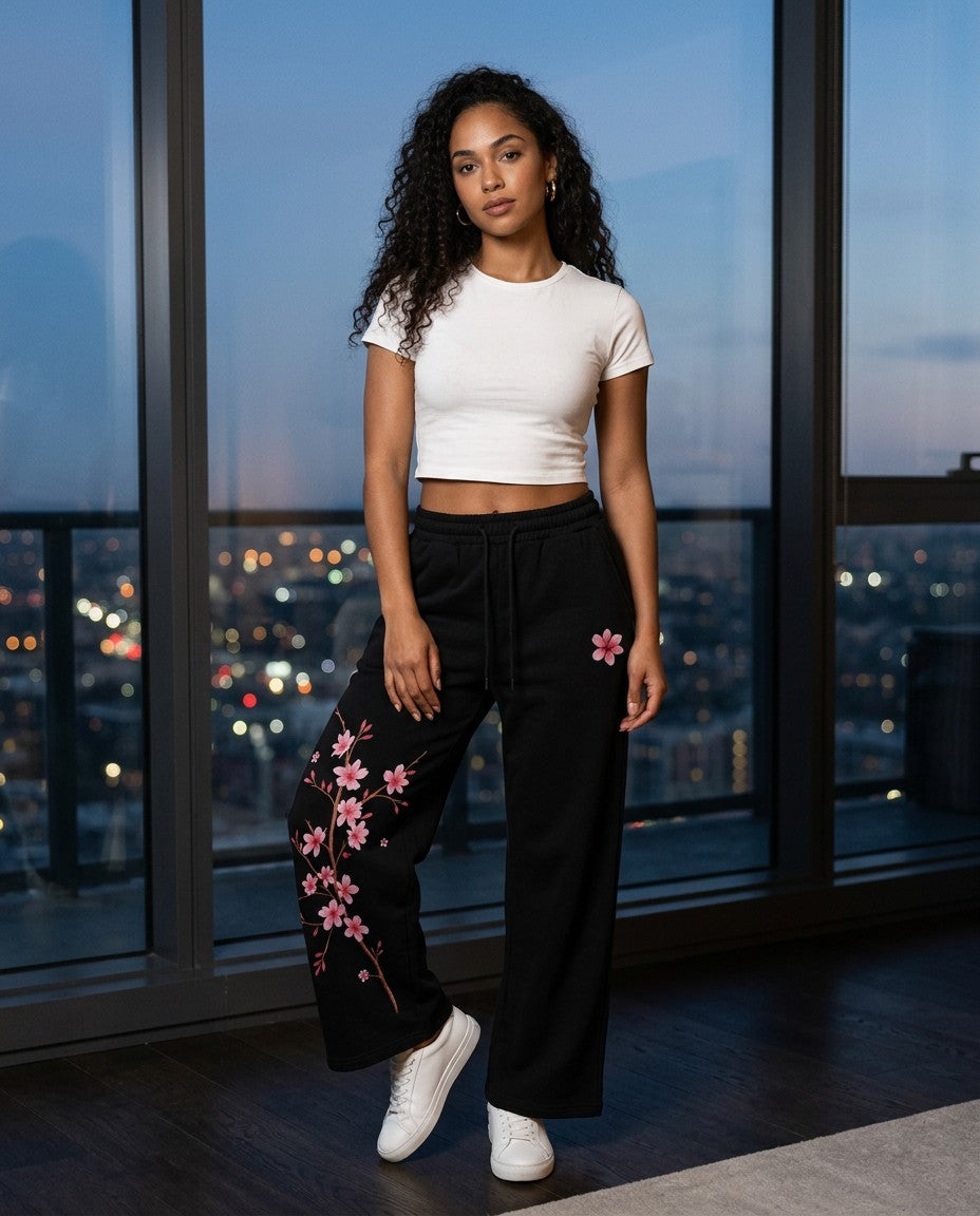 Woman wearing the Yozakura Wide-Leg Sweatpants, second lifestyle photo