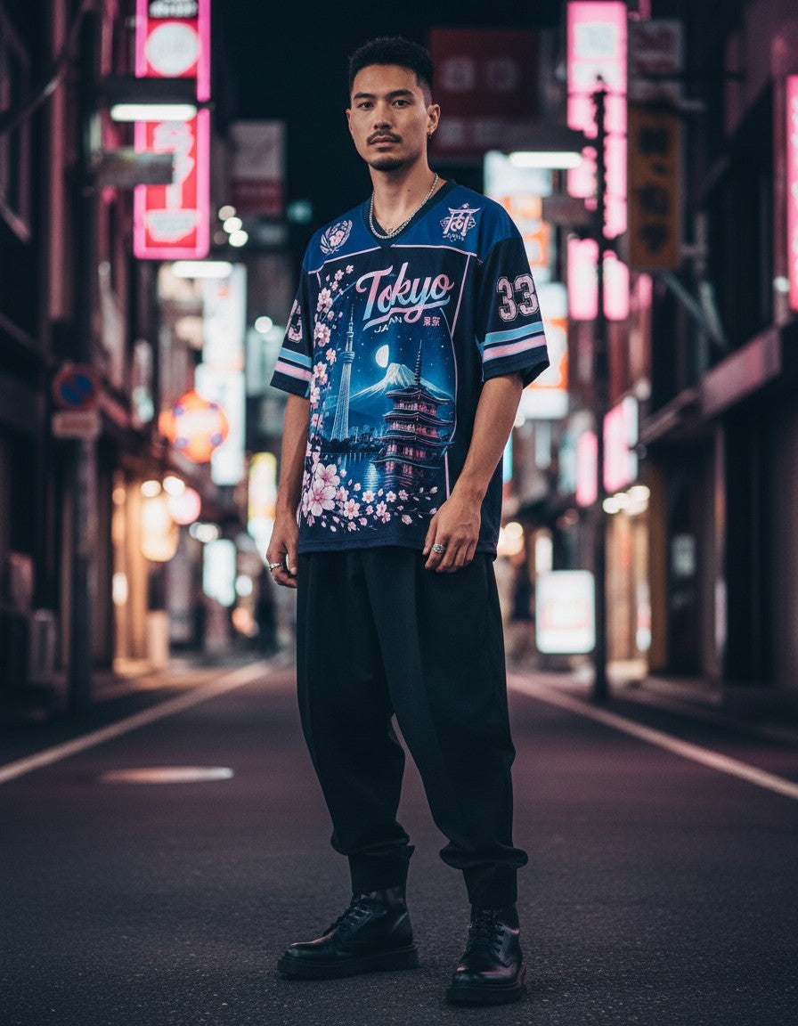 Man wearing the Hanami City Jersey in Tokyo 33, front view on a neon street