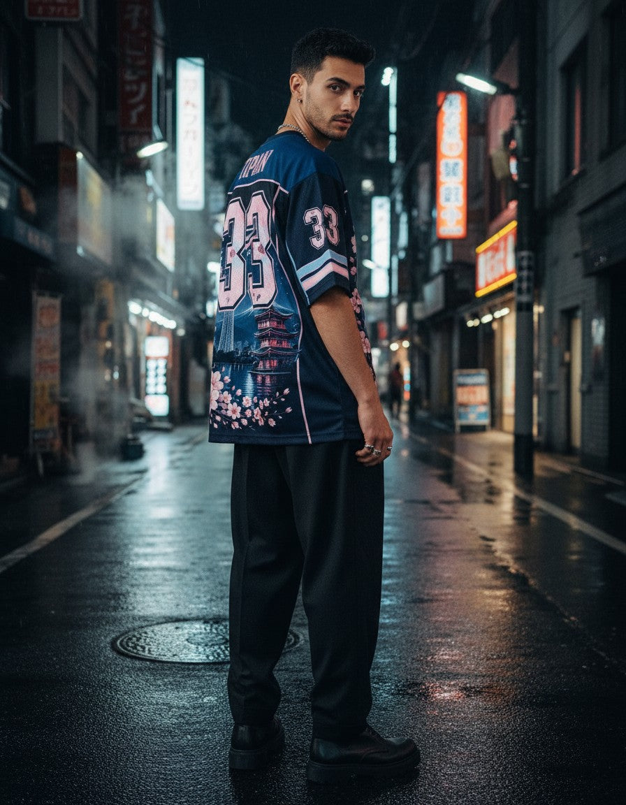 Man wearing the Hanami City Jersey in Tokyo 33, back view showing the number 33