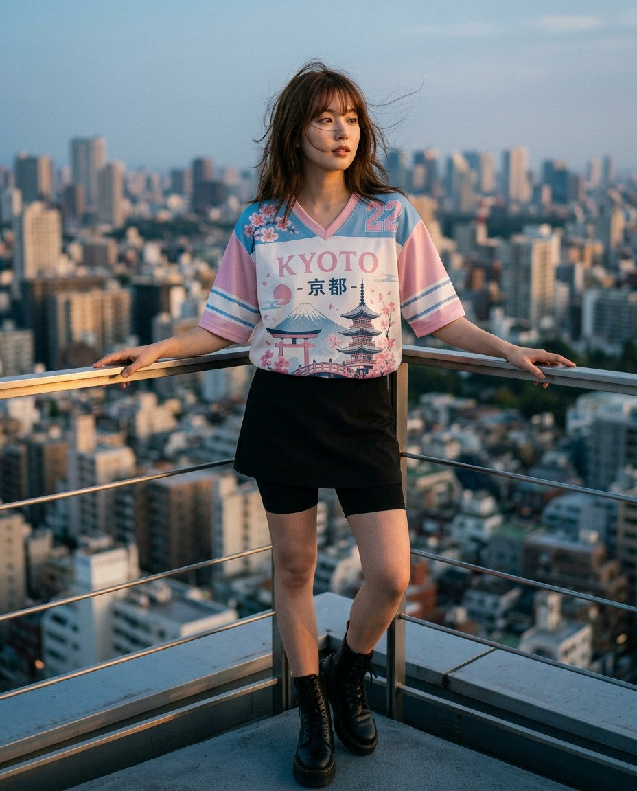 Woman wearing the Hanami City Jersey, night street lifestyle photo