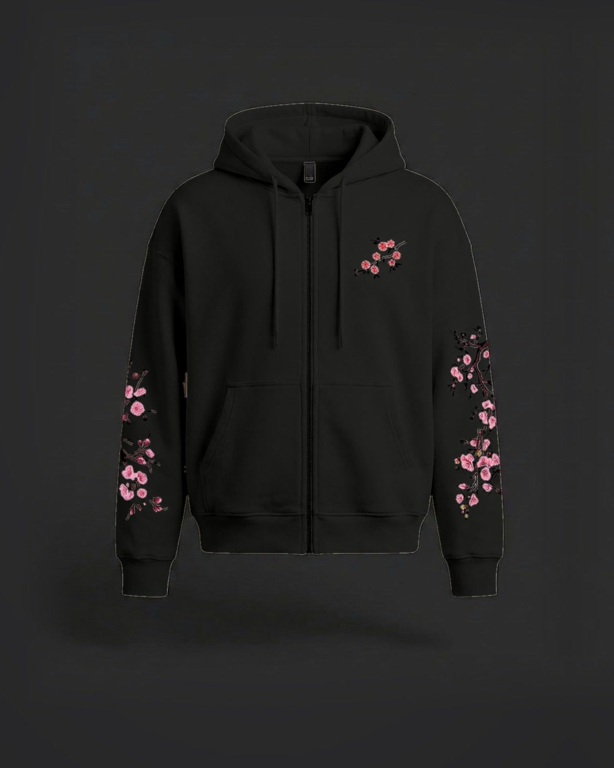 Hanami Zip Hoodie in Ink Black, front view on a dark studio background