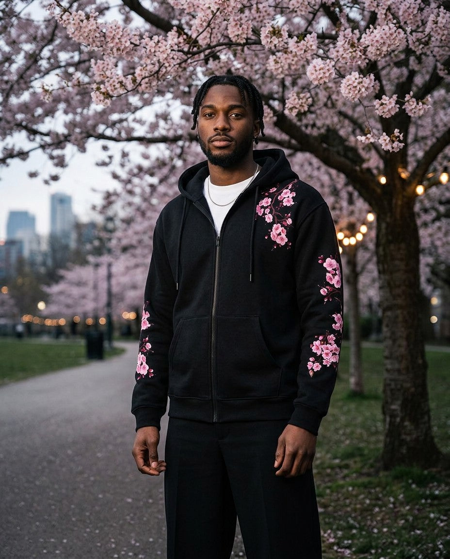 Man wearing the Hanami Zip Hoodie, lifestyle photo