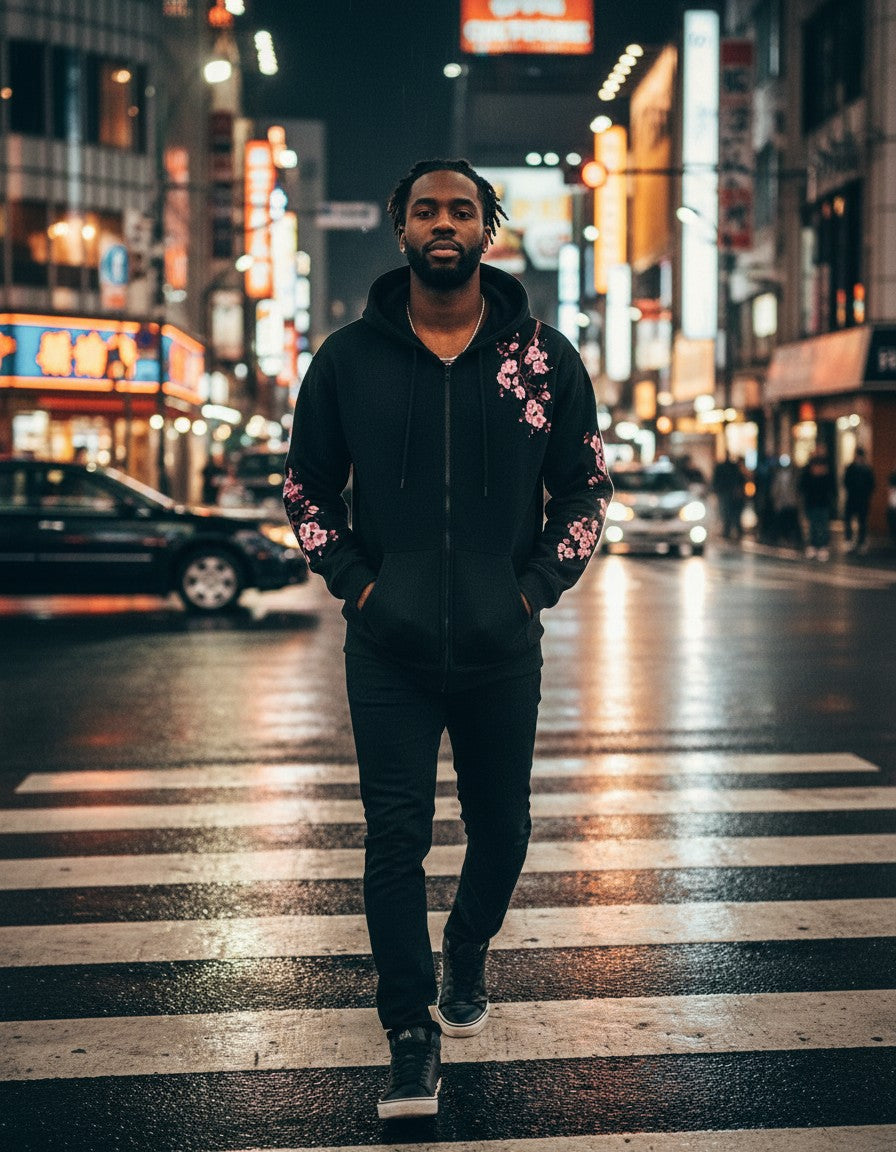 Man wearing the Hanami Zip Hoodie, second lifestyle photo