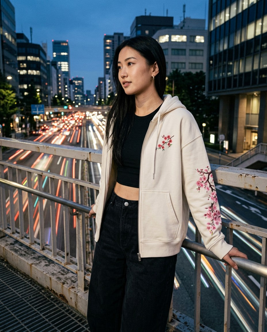 Woman wearing the Hanami Zip Hoodie, night street lifestyle photo