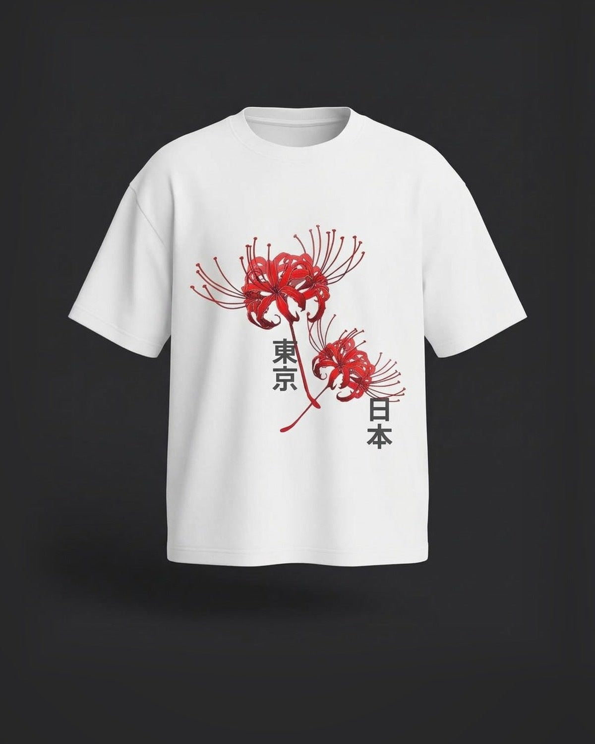 Higanbana Tokyo Tee in Bone White, front view on a dark studio background
