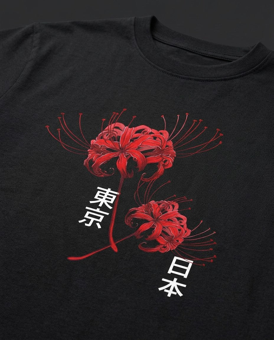 Close-up of the print on the Higanbana Tokyo Tee