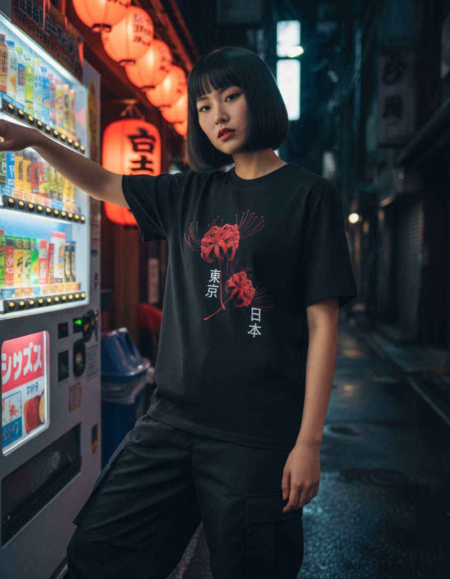 Woman wearing the Higanbana Tokyo Tee, lifestyle photo