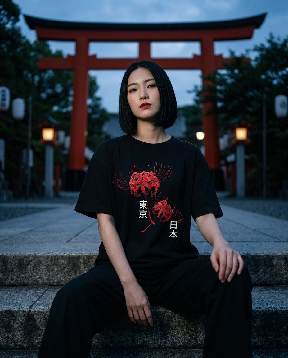 Woman wearing the Higanbana Tokyo Tee, second lifestyle photo