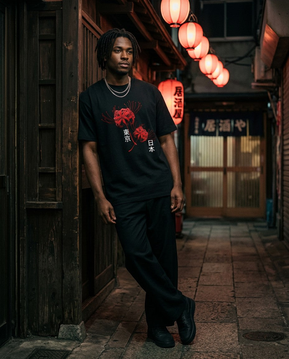 Man wearing the Higanbana Tokyo Tee, night street lifestyle photo
