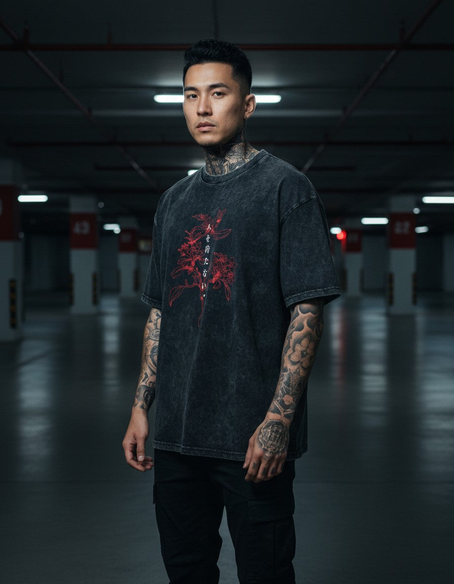 Man wearing the Higanbana Washed Tee, lifestyle photo