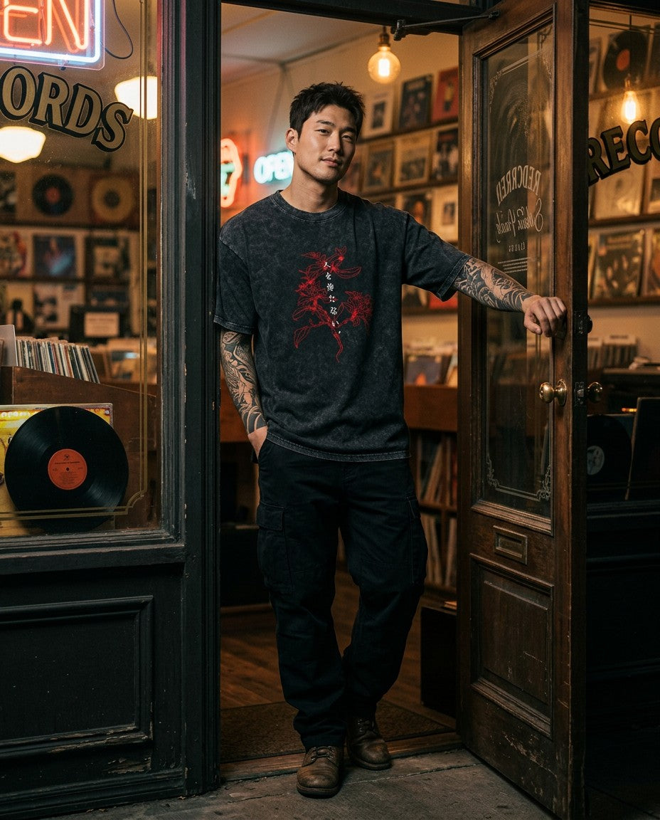 Man wearing the Higanbana Washed Tee, second lifestyle photo