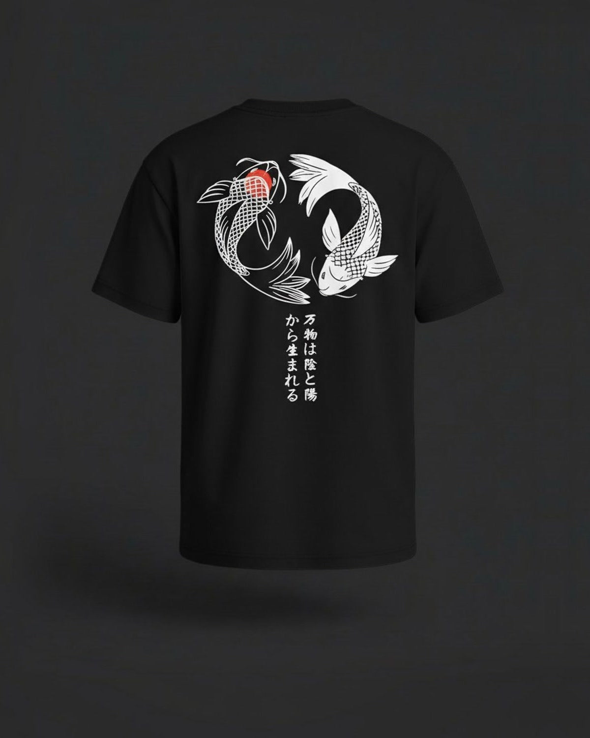 In-Yo Koi Tee in Ink Black, back view on a dark studio background