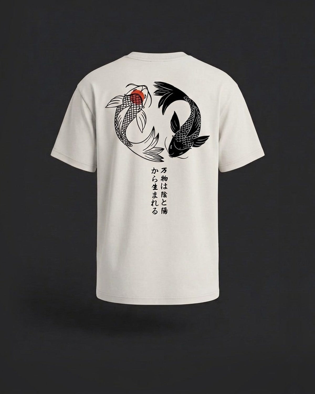 In-Yo Koi Tee in Bone White, back view on a dark studio background