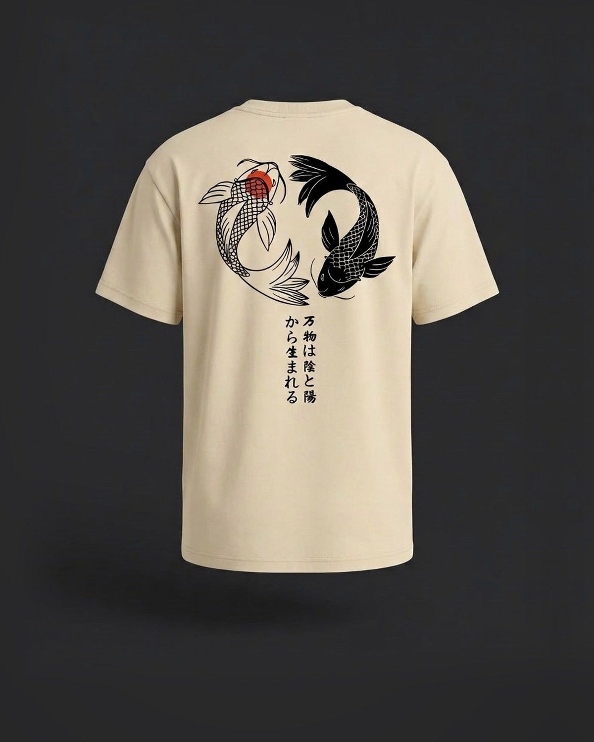 In-Yo Koi Tee in Sand, back view on a dark studio background