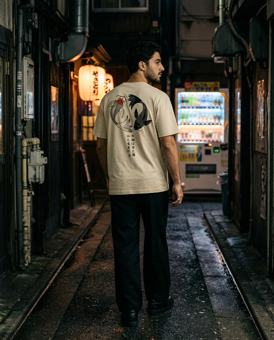 Man wearing the In-Yo Koi Tee, back view in a Tokyo alley at night