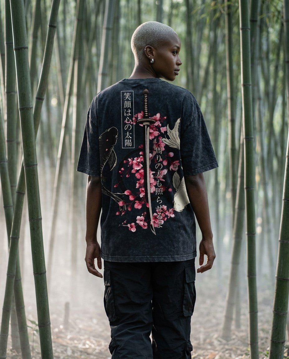 Woman wearing the Koi Tomoe Washed Tee, lifestyle photo