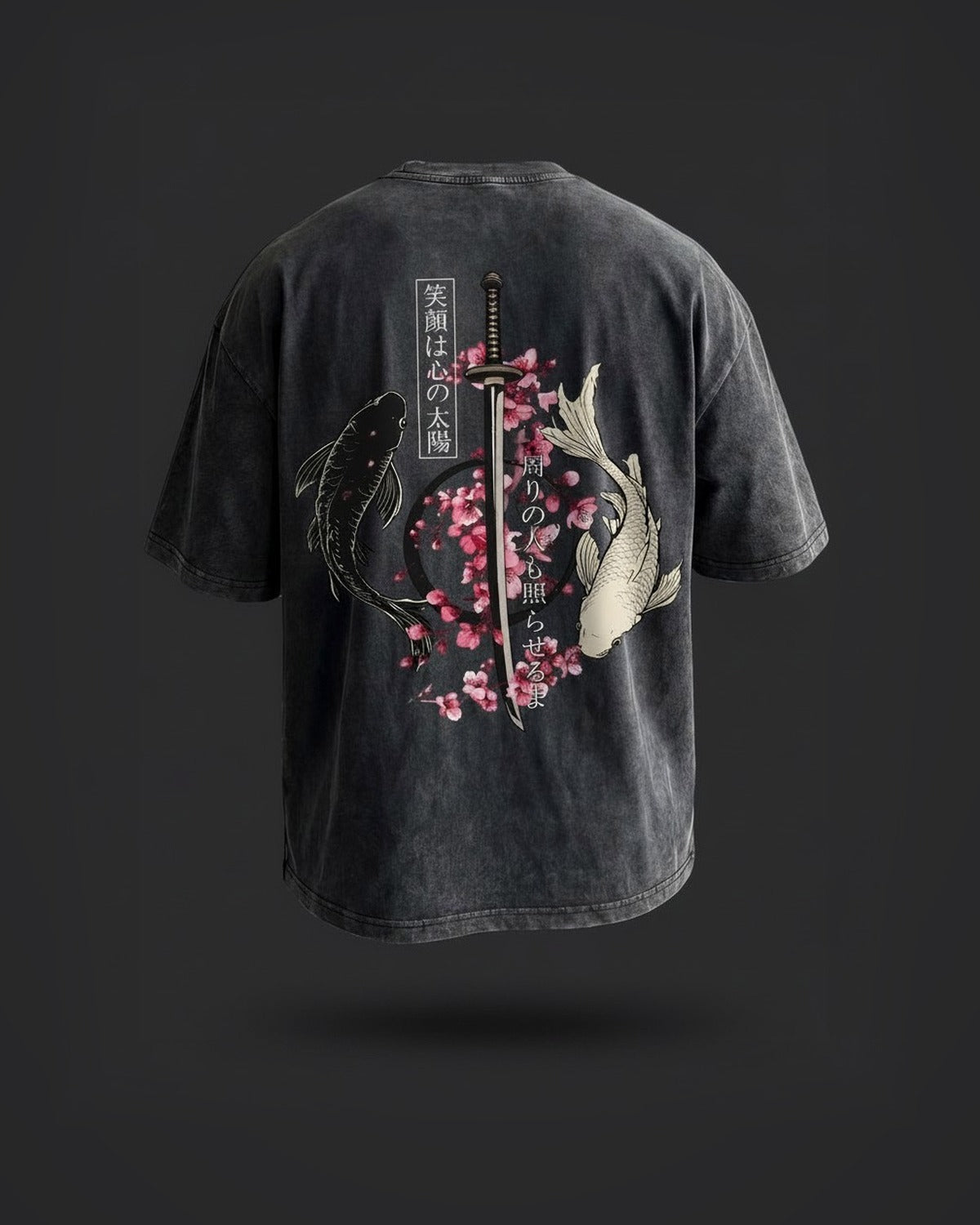 Koi Tomoe Washed Tee in Washed Black, back view on a dark studio background