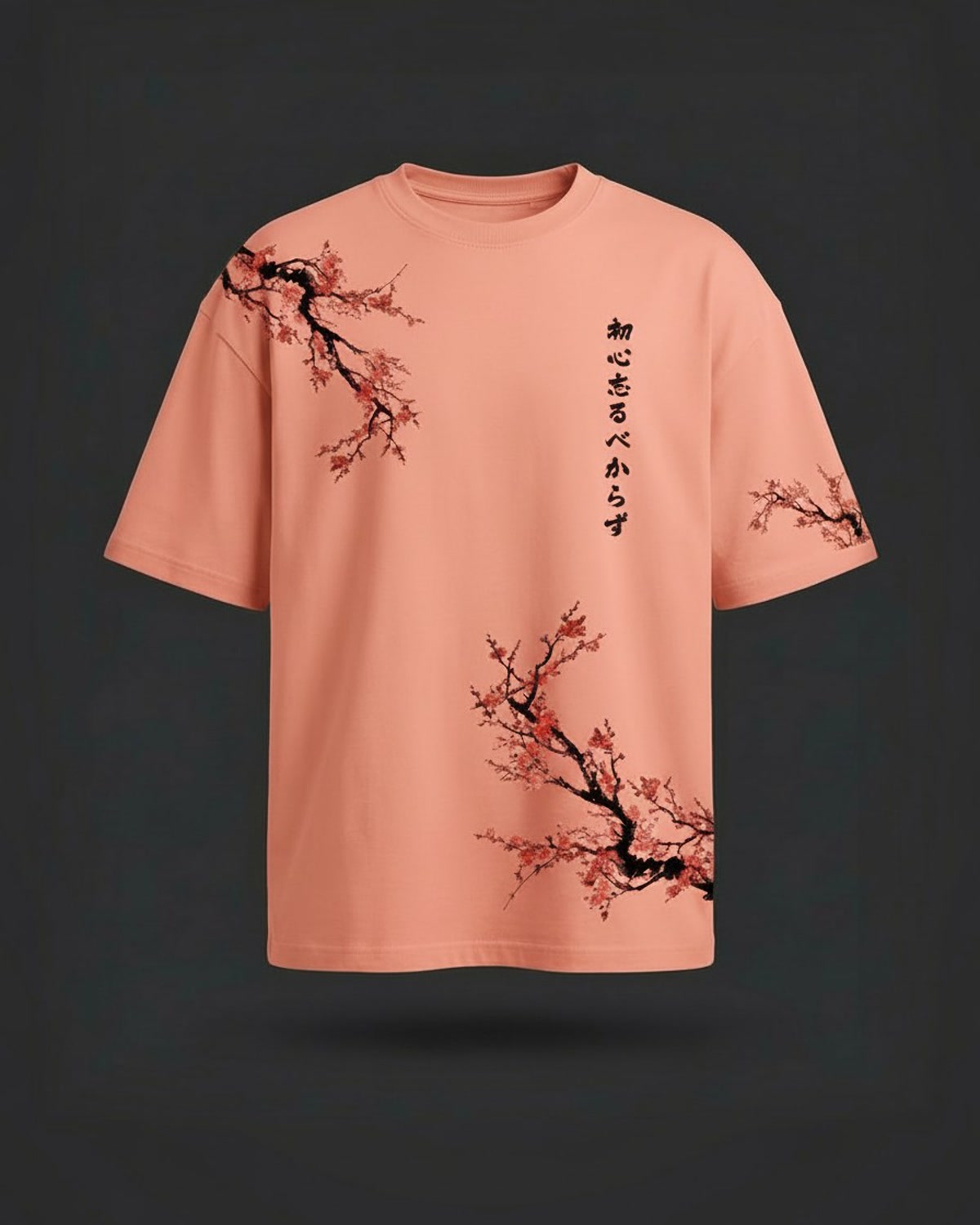 Shoshin Oversized Tee in Coral, front view on a dark studio background