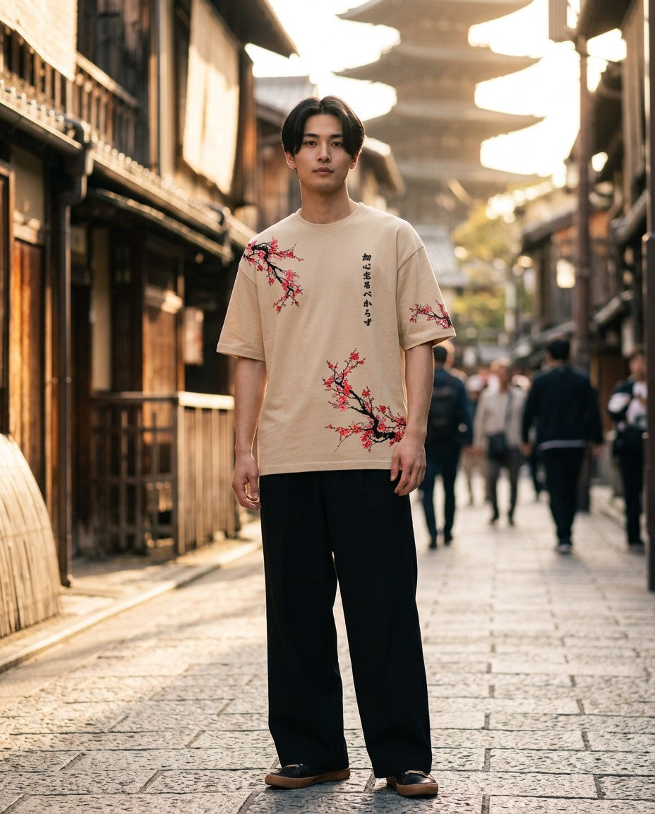 Man wearing the Shoshin Oversized Tee, lifestyle photo