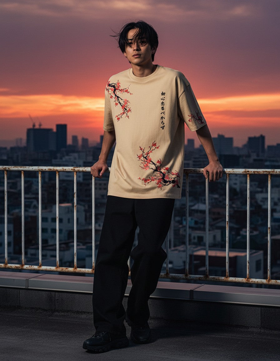 Man wearing the Shoshin Oversized Tee, second lifestyle photo