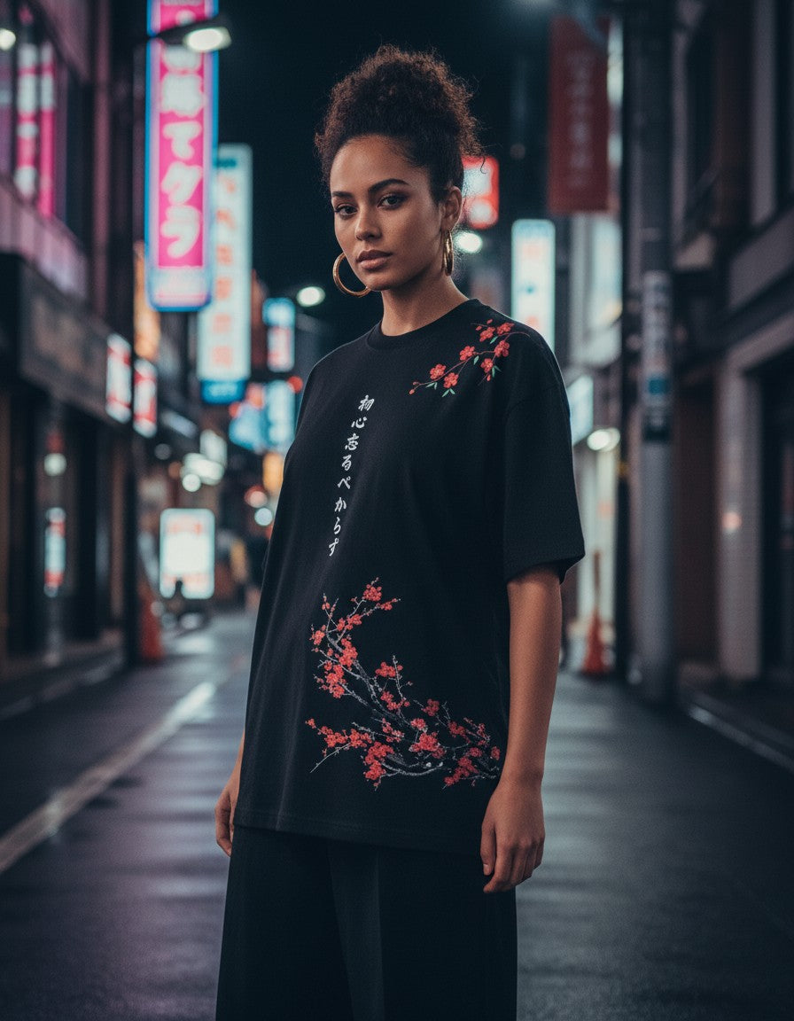 Woman wearing the Shoshin Oversized Tee, night street lifestyle photo