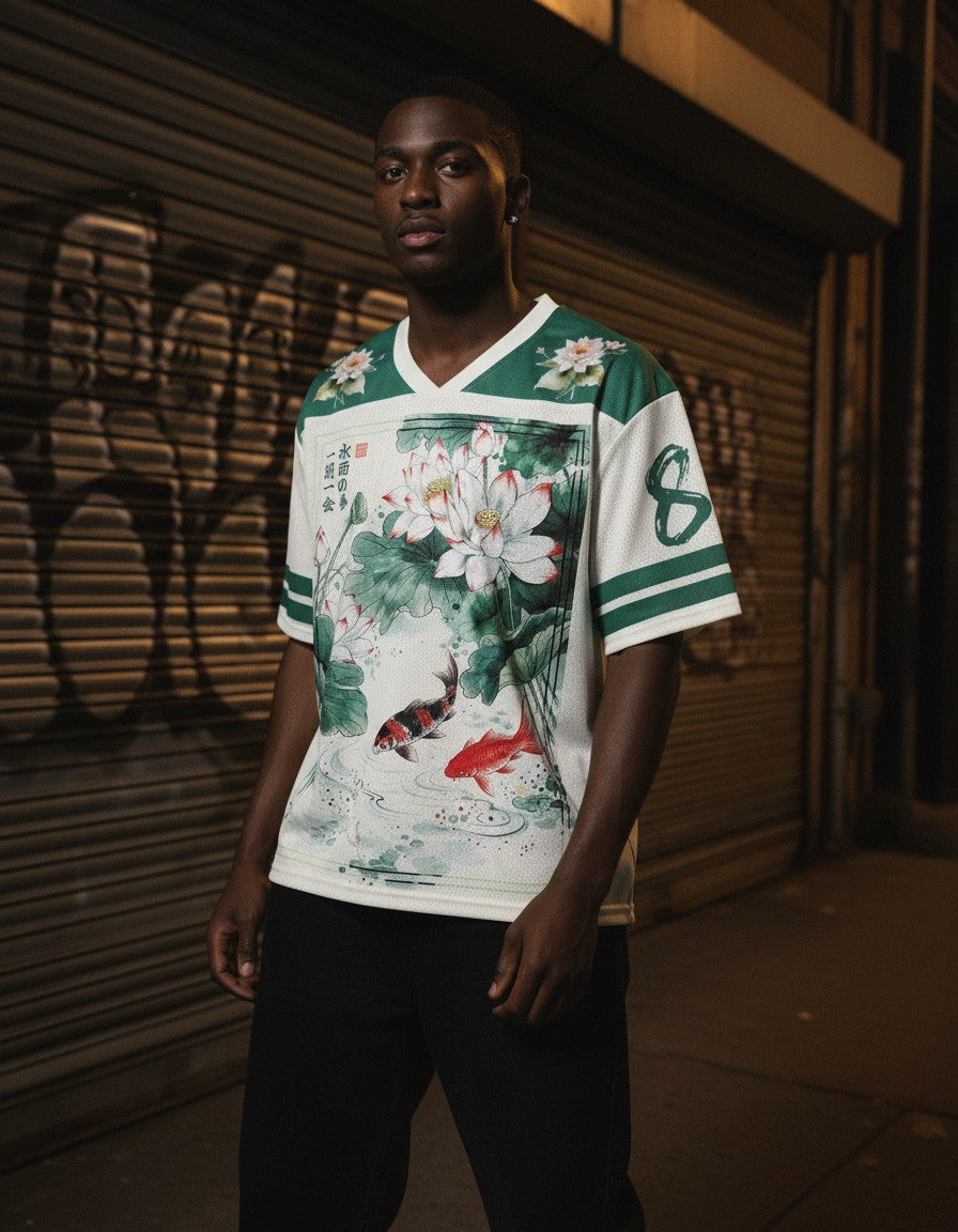 Man wearing the Ukiyo Jersey, night street lifestyle photo