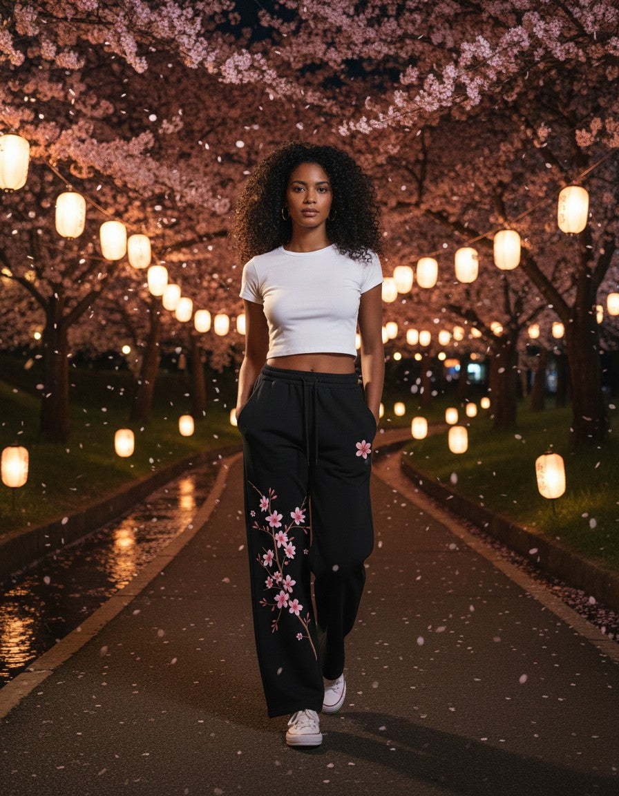 Woman wearing the Yozakura Wide-Leg Sweatpants, lifestyle photo