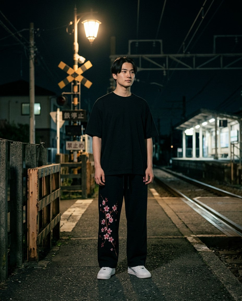 Man wearing the Yozakura Wide-Leg Sweatpants, night street lifestyle photo